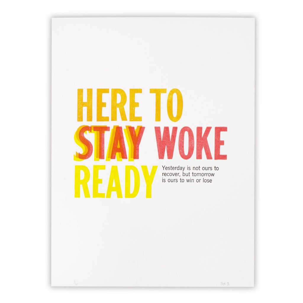 Stay by Ben Blount: A poster with bold yellow and red letterpress text,