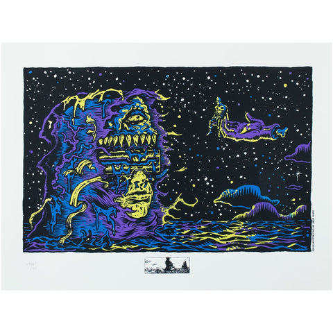 Aqueous Meditation Print by Cherry Moth Cake: a colorful, surreal night scene with a blue and yellow monstrous face rising from the sea, a small figure riding a shark, and a starry sky. Screenprint on paper, edition of 40.