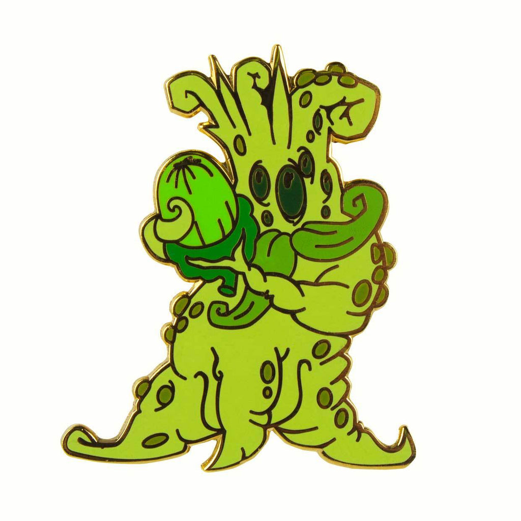 A green, tentacled cartoon creature with black spots holds a gold-outlined green sphere on white—an imaginative nod to Mandrake Root by Doktor A from The Artpin Collection.