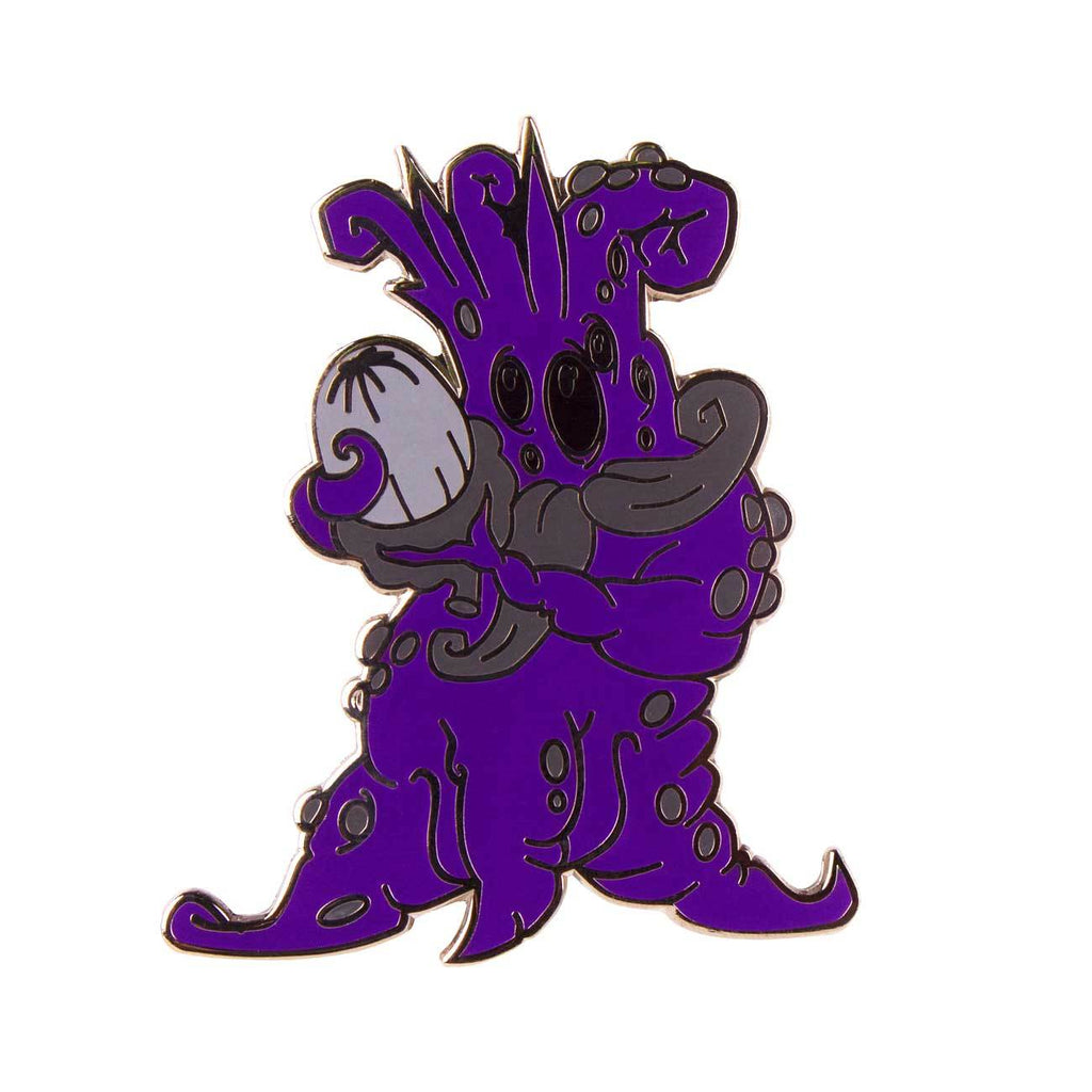 A purple, tentacled cartoon creature with black spots holds a white-gray object on a white background in