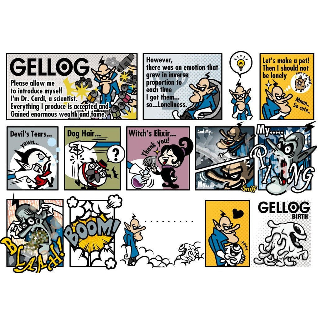 Comic strip with scientist Gellog, who invents a pet to cure his loneliness—with explosive results! Meet Gellog — Type-D (Rotofugi Exclusive) by Strangecat Toys.