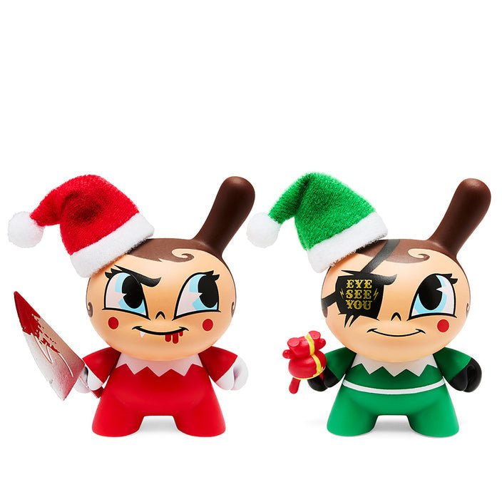 The Go Elf Yourself Dunny — Evil or Nice vinyl figures by Kidrobot feature bunny-eared characters in Santa hats—one wields a bloody knife, the other holds a candy cane with