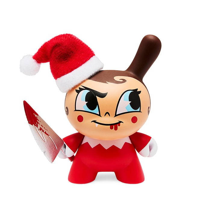 The Kidrobot Go Elf Yourself Dunny—Evil or Nice features a vinyl figure in a Santa hat, red outfit, and angry expression, holding a bloody knife. Perfect for Christmas Dunny collectors, it's displayed on a white background.