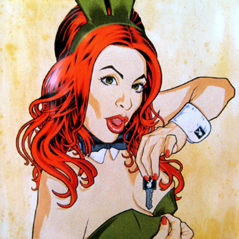 A cartoon woman with red hair, bunny ears, and a collar teasingly reveals a hidden key in this Brian Ewing Playboy Redux artwork—featured on the limited edition Rotofugi Brian Ewing Playboy Redux Acrylic Magnet.