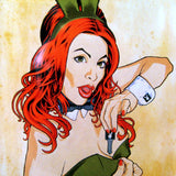 A cartoon woman with red hair, bunny ears, and a collar teasingly reveals a hidden key in this Brian Ewing Playboy Redux artwork—featured on the limited edition Rotofugi Brian Ewing Playboy Redux Acrylic Magnet.