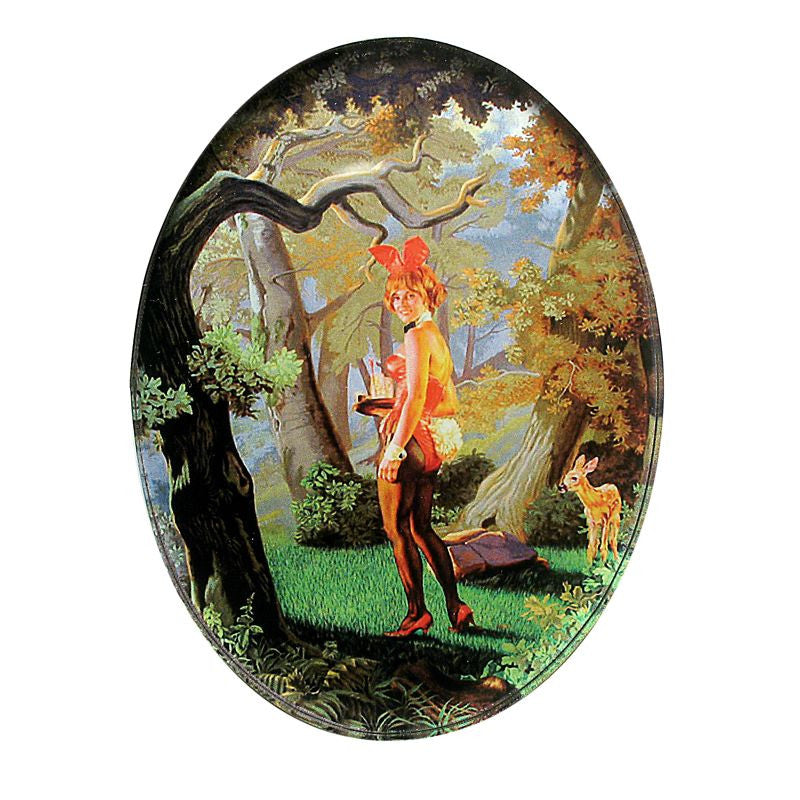 A person in a red and yellow costume stands in a forest with trees, a deer, and a turtle—an enchanting scene from Ain Cocke's artwork featured on the limited edition Rotofugi Ain Cocke Playboy Redux Acrylic Magnet.