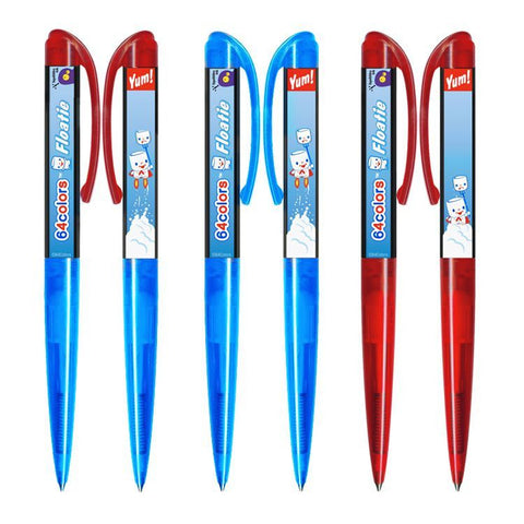 Five collectible Marshall Artist Action Pens in blue and red by Inked Pulp, each with a cartoon ice cream character and “Floatie” and “Yum!” labels—a playful floating pen for any stationery fan.