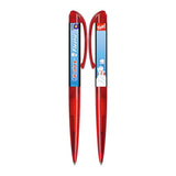 Two red Marshall Artist Action Pens from Inked Pulp feature cartoon snowmen and “Yum!” and “Frostie” on the labels—a fun collectible novelty pen for any stationery enthusiast.