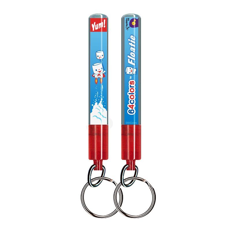 The Inked Pulp Marshall Artist Action Fob Floatie Keychain features playful blue and red novelty pens with cartoon marshmallows, “Yum!” text, and floating action—a fun accessory to liven up any key set.