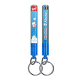 Set of two blue 4-color Inked Pulp pens with Marshall Artist Action Fob Floatie Keychains, featuring cartoon marshmallows and