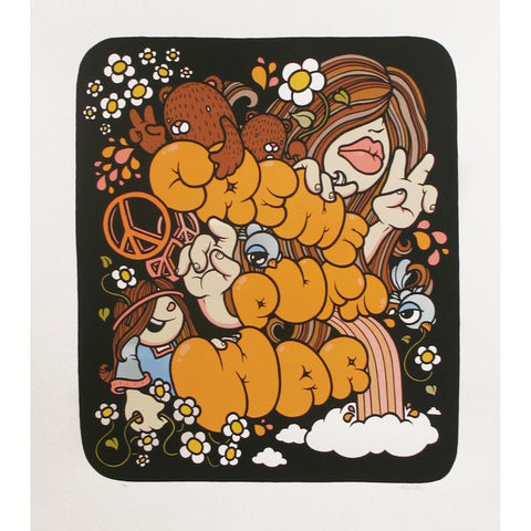 Creme Not Cream Screenprint by Mike Budai features "Give Out War" in bold orange, with cartoon flowers, peace signs, and playful retro characters. Limited edition, signed and numbered screenprint on paper by Mike Budai.