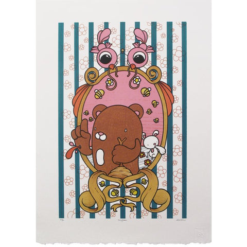 The Honey Bear Photo Lithograph by Mike Budai features a cartoon brown bear on an ornate pink chair with eyes, next to a small white bunny, set against a striped background with flower motifs. Limited edition by Mike Budai.