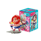 A vibrant cartoon girl with red hair and an ice cream stands before a matching blue-pink box from the Miro & Wujo Blind Box series by LAM Toys, which features similar playful characters.