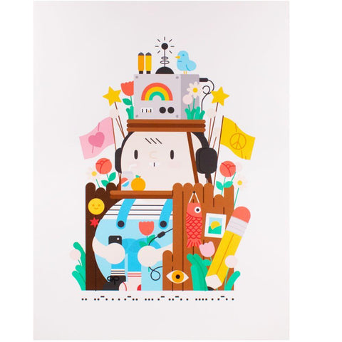 I Feel Safe Here Print by Tony Rabit: An illustration of a child with headphones behind a fence, surrounded by flags, flowers, pencils, and a rainbow radio on a white background. Limited Edition GiclΓ©e Print by Tony Rabit.