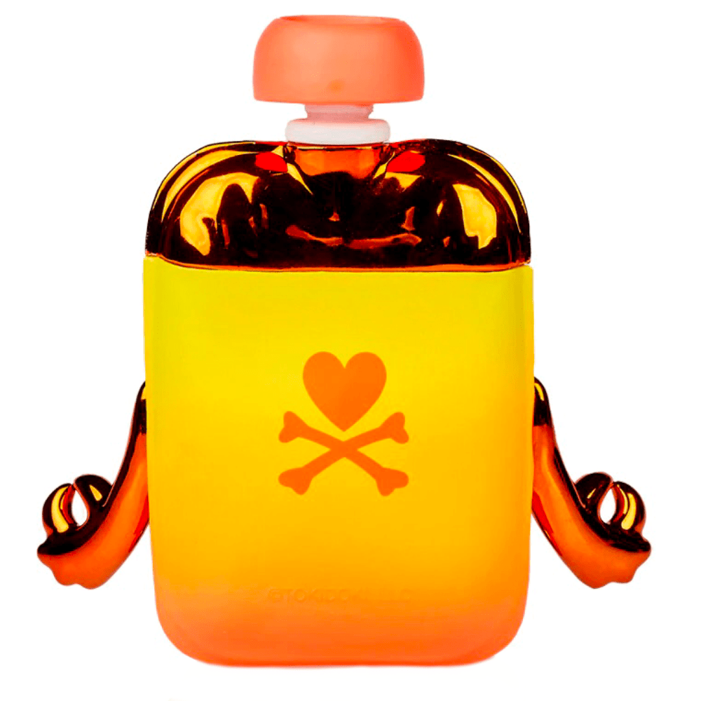 Limited-edition bottle with a skull and crossbones design featuring the Healthy Besties - Tropical Kawaii (Limited Edition Figure) by tokidoki.