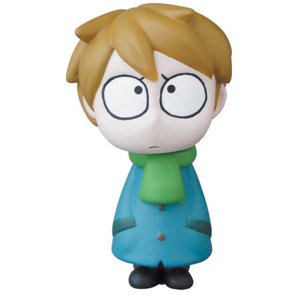 Edward the Timid Friend by SONIC from Medicom's VAG Series 25 features light brown hair, large round eyes, a green scarf, blue coat, and black shoes in Japanese vinyl toy style with a neutral expression.