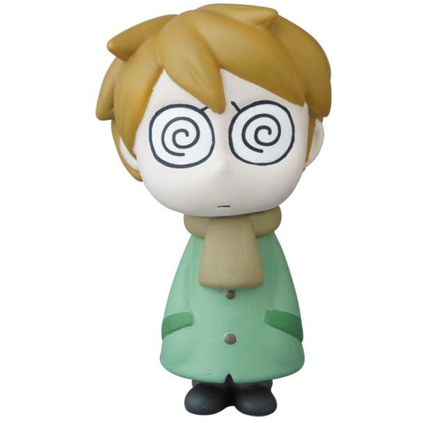 Edward the Timid Friend by SONIC from Medicom’s VAG Series 25 features a cartoon figure with messy light brown hair, spiral eyes, green coat, tan scarf, and black shoes, evoking collectible Japanese vinyl toy gachapon style.