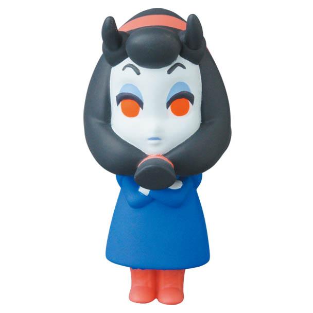 VAG Series 25 — Maria by Asami Matsumura (Medicom) is a small Japanese vinyl toy featuring pale skin, black hair with horns, orange eyes, a blue dress, red boots, and a red headband—ideal for gachapon figure collectors.