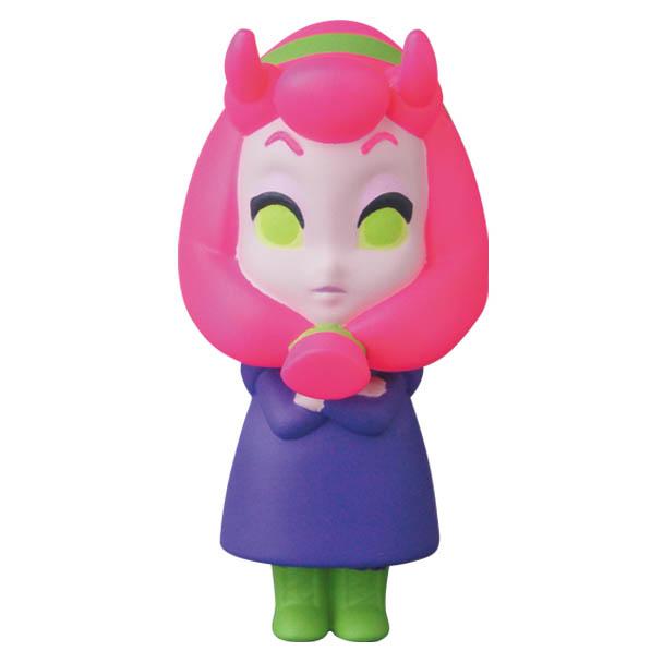 The VAG Series 25 — Maria by Asami Matsumura for Medicom features a small vinyl figure with pink hair, green horns, yellow eyes, a purple dress, and green boots—ideal for fans of Japanese vinyl toys and gachapon collectibles.