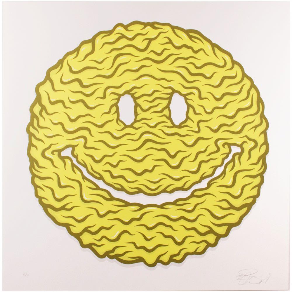 The SMILE Print by Zach Schrey features a yellow smiley face with a wavy, noodle-like texture on a white background. This exclusive screen print is available in a limited edition of 20 from Zach Schrey.