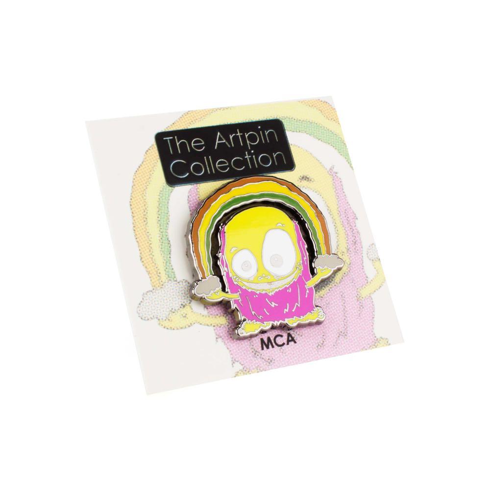 Brighten your collection with The Artpin Collection - Fleabaines enamel pin, showcasing a cartoon skull with a pink beard and yellow face on a rainbow background, mounted on The Artpin Collection