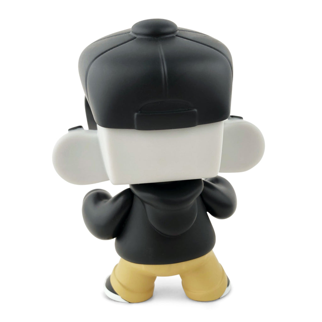 Limited edition Mad*L Citizen — Rotofugi Mad Ape by UVD Toys: vinyl figure with a large square head, black cap, hoodie, tan pants, and white shoes—all viewed from the back.