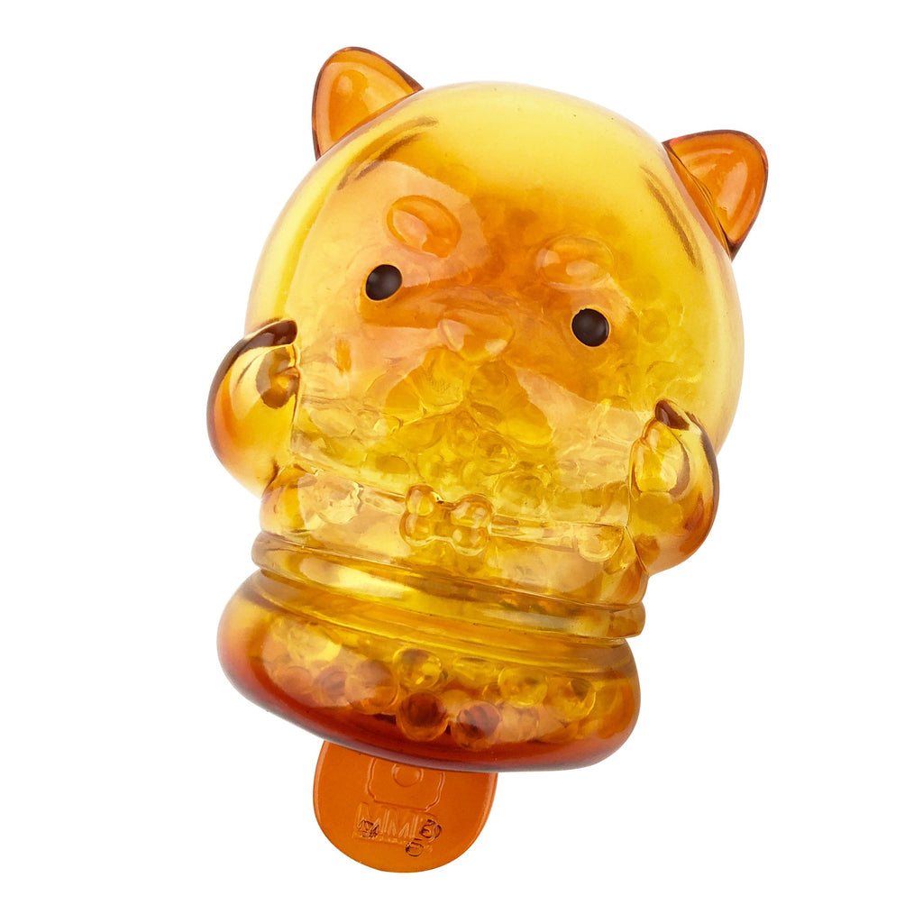The Meng Meng Bing — Dog Popsicle Mini-Figure by Sun Day Toy is a translucent amber animal-shaped toy, resembling a dog with small ears, round eyes, and tiny arms, filled with clear gel beads.