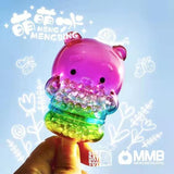 A hand holds a colorful, translucent Panda Popsicle Mini-Figure from Sun Day Toy’s Meng Meng Bing series, with white doodles and the text