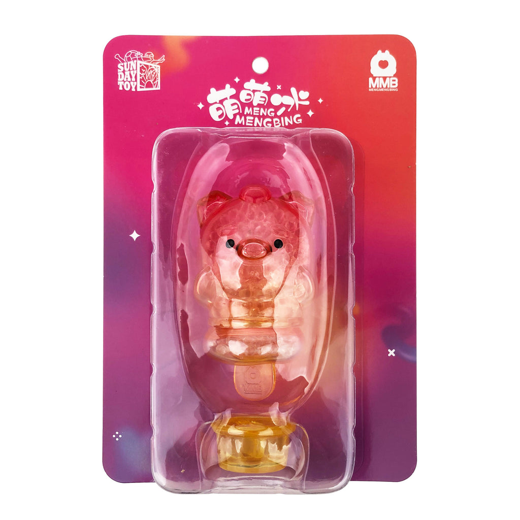 A small pink and yellow pig-shaped Meng Meng Bing Popsicle Mini-Figure by Sun Day Toy is packaged in a clear blister on a red and purple gradient backing card labeled