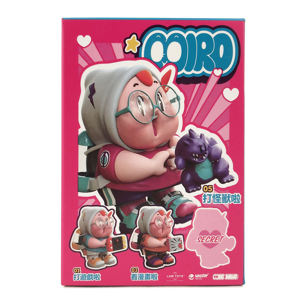 The Miro & Wujo Blind Box by LAM Toys features a pop cartoon figure with glasses, hood, backpack, and a small purple creature, along with illustrations and Chinese text on a pink background.
