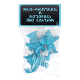 A clear plastic bag with two blue toy figures and a