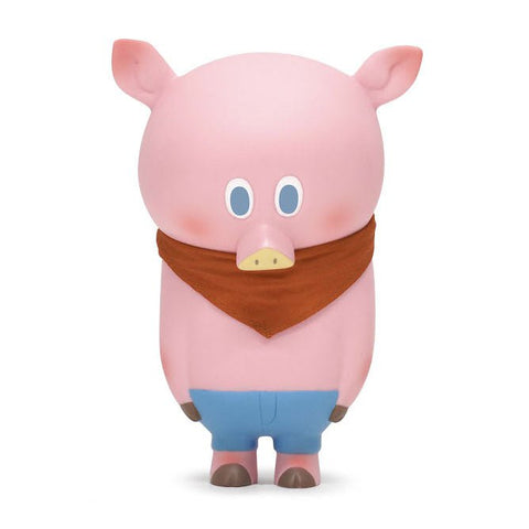 Woo — Pink by How2Work: A cartoon piggy figure with a pink body, brown scarf, blue pants, and wide oval eyes stands upright and faces forward in a Kohei Ogawa-inspired style.