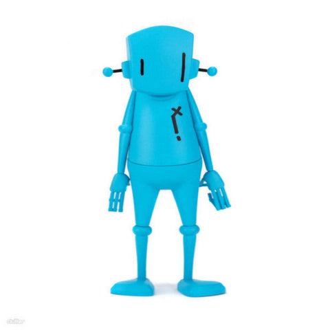 The Chris RWK Blue Robot (Arms Down) Figure by UVD Toys features simple black facial details, a question mark on its chest, and segmented limbs—making it the perfect collectible for any robot display.