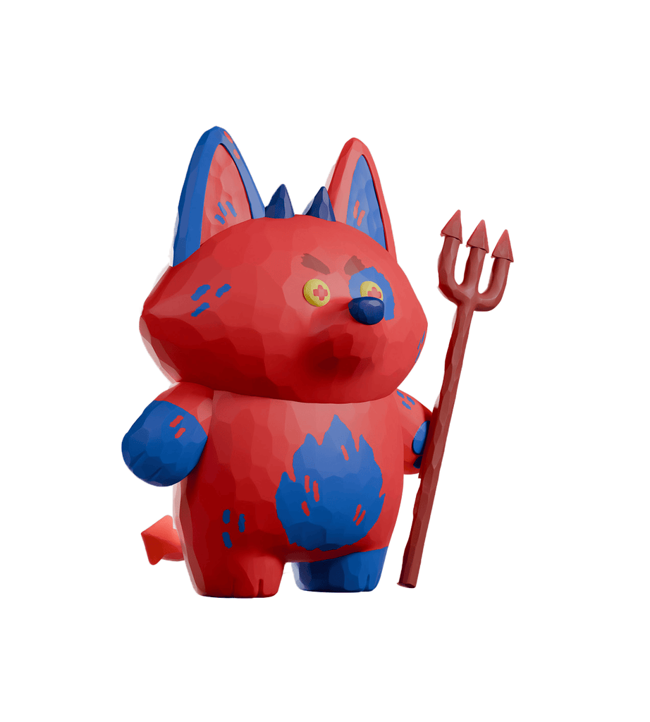 A red and blue cartoonish cat figurine with pointed ears, inspired by Bubba Bad from Kaleidos Creative, stands on a white background while holding a trident.