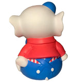 Back view of Bitter Squeaks' Carnival Stripes Baby Elephant plush toy, featuring a red shirt, blue overalls with white buttons, and a blue hat, set against a plain white background.