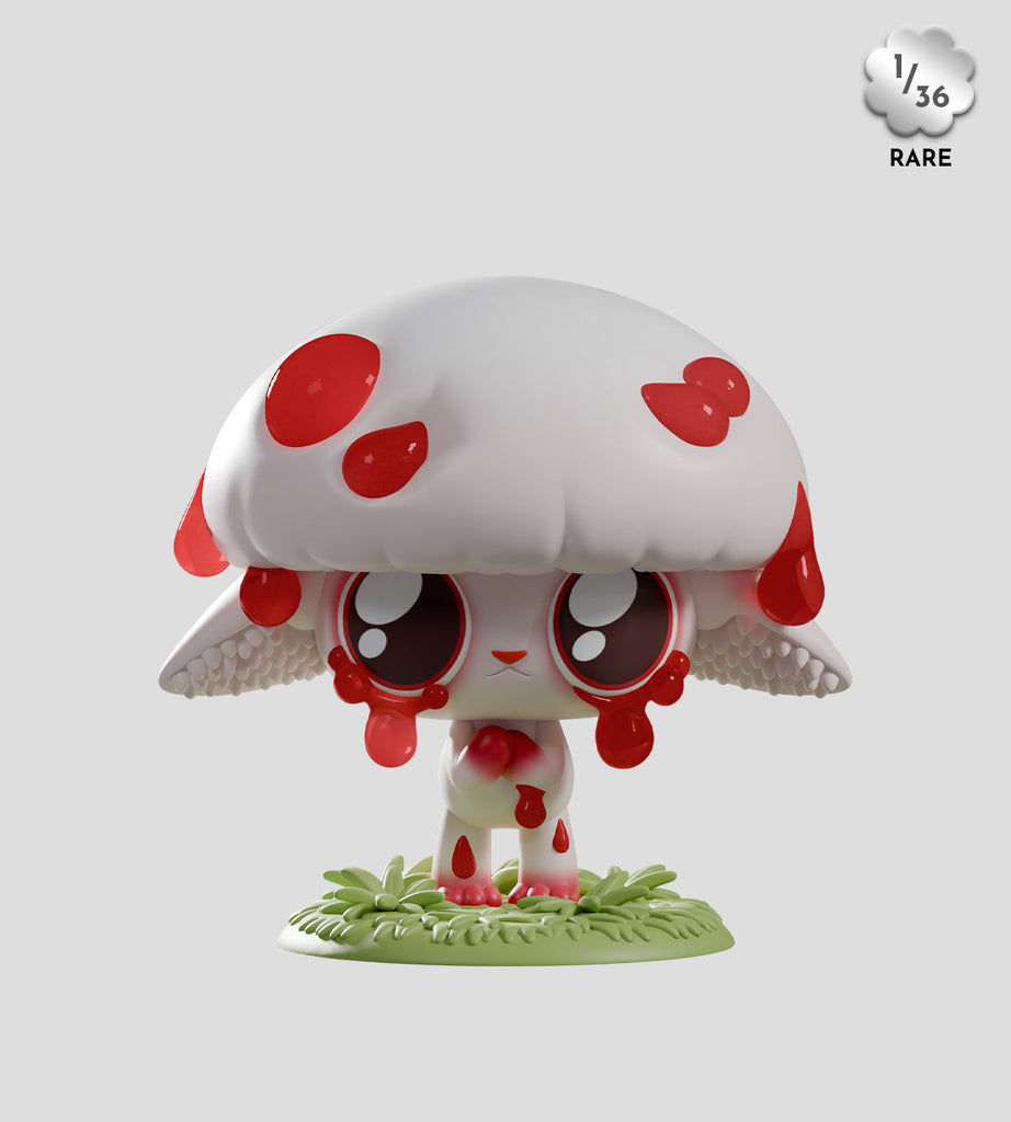 A Capkins — Series 2 Blind Box figure by Kaleidos Creative features a mushroom-like head, large eyes, and red spots, standing on Fungi Forest terrain; blind box exclusivity is highlighted in the corner label.