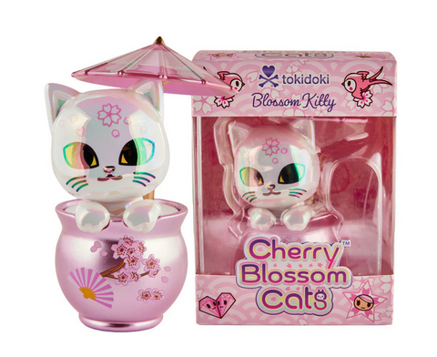 The tokidoki Cherry Blossom Cats - Special Edition Blossom Kitty features holographic eyes and sits in a pink cup with a paper umbrella, displayed next to its decorative packaging.