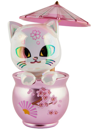 The tokidoki Cherry Blossom Cats - Special Edition Blossom Kitty figurine features colorful eyes and sits in a pink cup with cherry blossoms and a fan, holding a pink umbrella.