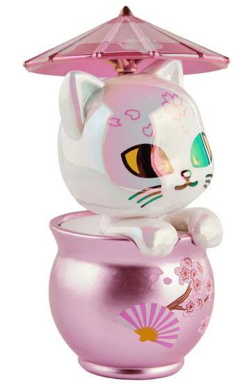 The tokidoki Cherry Blossom Cats - Special Edition Blossom Kitty features multicolored eyes and sits in a cherry blossom-adorned pink pot, holding a pink parasol—a must-have collectible for tokidoki fans.
