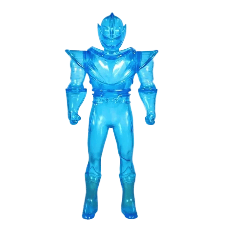 The Chogokin Warrior - Chicago by DoomCo Designs is a translucent blue hero figurine with angular armor, standing upright against a white background.