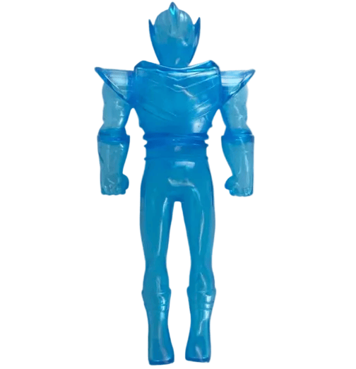 The Chogokin Warrior - Chicago by DoomCo Designs is a blue translucent hero figurine with spiky hair, broad shoulders, clenched fists, and boots, shown from the back against a white background.