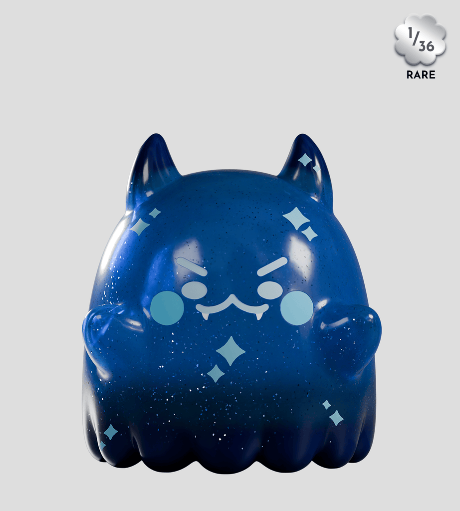 A glossy blue cat-shaped toy with a mischievous grin and sparkling accents from Kaleidos Creative’s Cute as Heck! Blind Box series. This unique collectible features a 