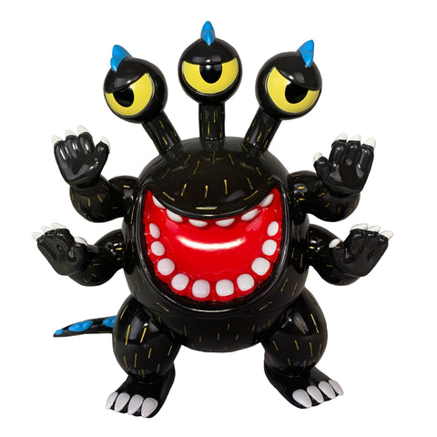Dinosuke - Black by The Little Hut / Paradise Toys is a three-eyed vinyl monster figure with six arms, sharp claws, blue head and tail accents, and a wide red mouth with white teeth.