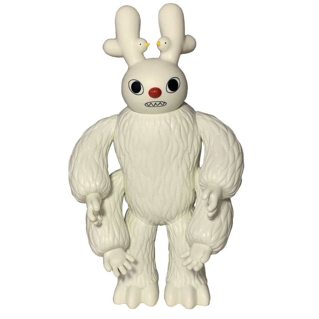 Dream Monster - OG (White) by The Little Hut: a whimsical collectible toy with four arms, three eyes, a red nose, and two birds perched on antler-like extensions—imaginative and dreamlike in every detail.