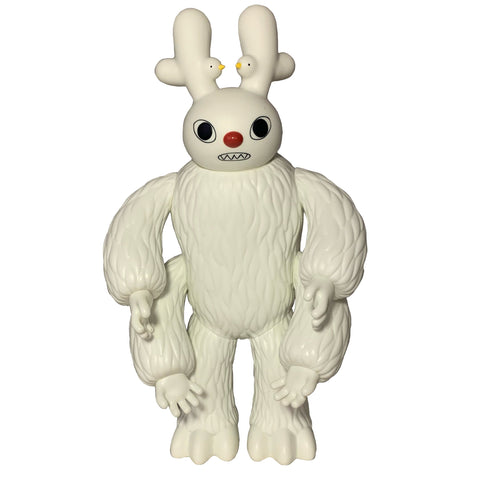 Dream Monster - OG (White) by The Little Hut: a whimsical collectible toy with four arms, three eyes, a red nose, and two birds perched on antler-like extensions—imaginative and dreamlike in every detail.