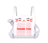 Fuku The Lucky Cat Bag by DoomCo Designs is a white plastic bag shaped like a cat with red whiskers and “THANK YOU” in red—ideal as a cute storage solution or planter for any favorite space.