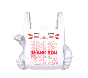 Fuku The Lucky Cat Bag by DoomCo Designs is a white plastic bag shaped like a cat with red whiskers and “THANK YOU” in red—ideal as a cute storage solution or planter for any favorite space.