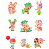 Nine vibrant vinyl figurines from tokidoki’s Hawaiian Ohana Blind Box, featuring animals and kids in island-inspired costumes, are displayed in a 3x3 grid—ideal for fans of tokidoki and tropical-themed collectibles.