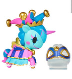 The tokidoki Unicorno After Dark Masquerade Blind Box features a blue and pink unicorn with a jester hat and gold accents, posed by a blue and gold mask on a clear stand—a must-have for any collectible toy fan.