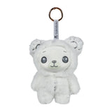 A Tokidoki Soft & Sweet Vinyl Plush Blind Box keychain featuring a pastel white bear with a round face, large black eyes, a tokidoki label, and attached to a gold keyring.